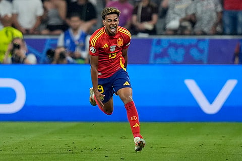 Lamine Yamal celebrates after scoring Spain's opening goal
